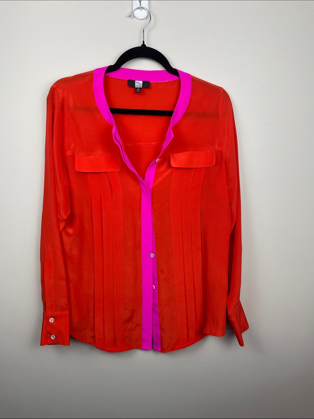 Saks Fifth Avenue 100% Silk Two-Tone Red and Hot Pink blouse